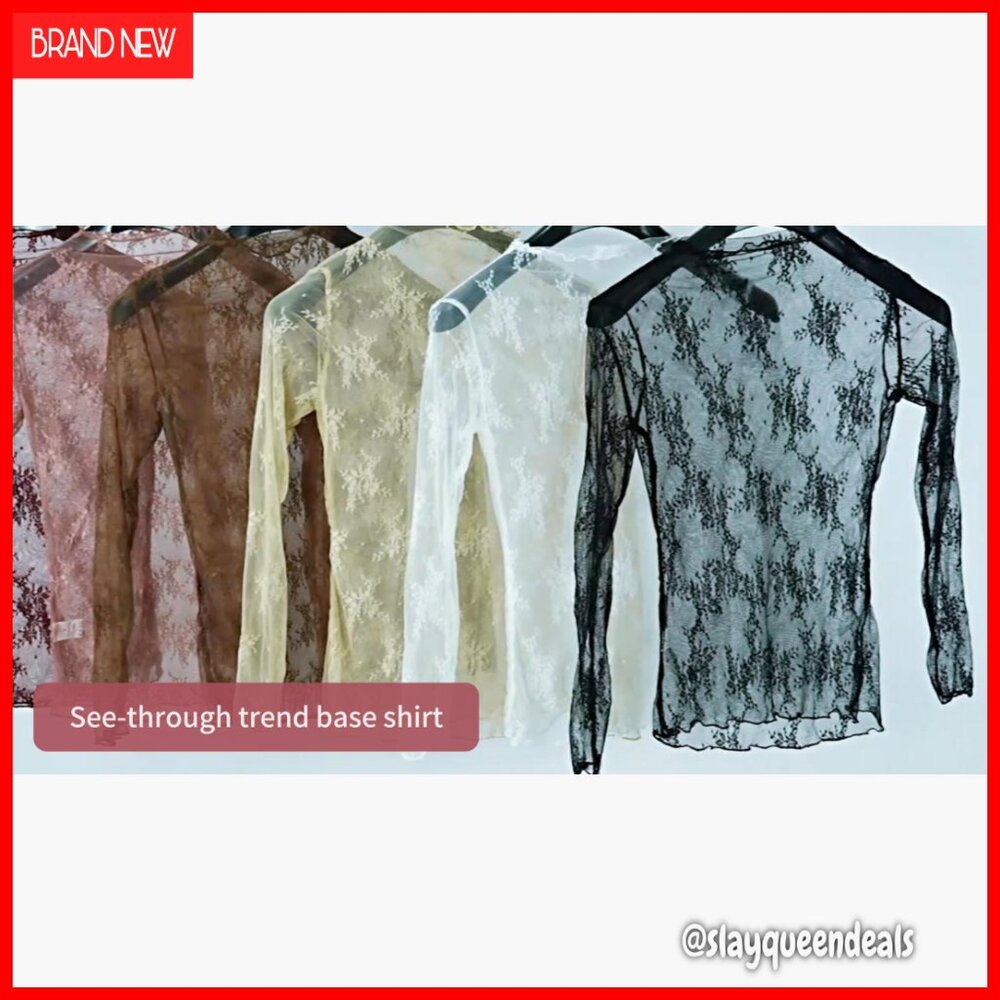 Long Sleeve Mesh Top Sheer Floral Embroidery Mock Neck Layering Tee - Picture 6 of 7